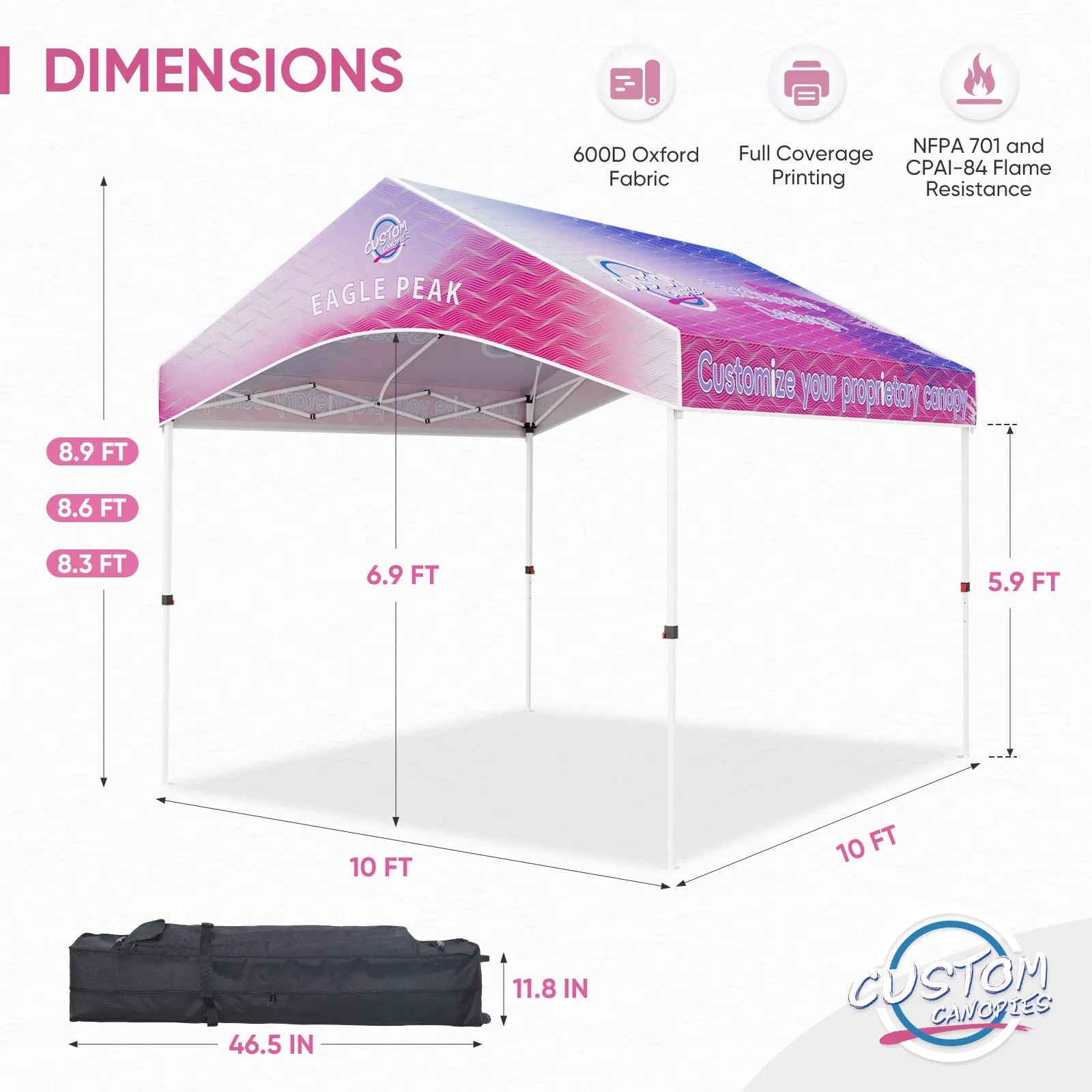 10x10 Custom Commercial Canopy with Gable Roof, Pop Up Custom Canopy Tent with Logo