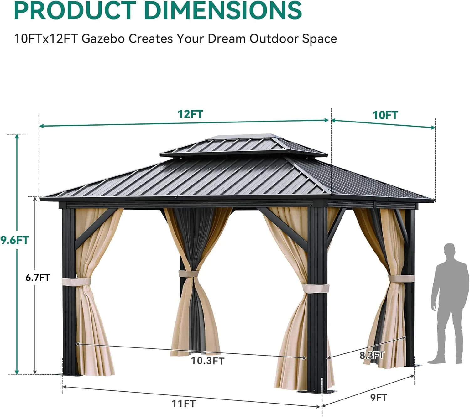 10X12Ft Gazebo Double Roof Canopy with Netting and Curtains, Outdoor Gazebo 2-Tier Hardtop Galvanized Iron Aluminum Frame Garden Tent for Patio, Backyard, Deck and Lawns