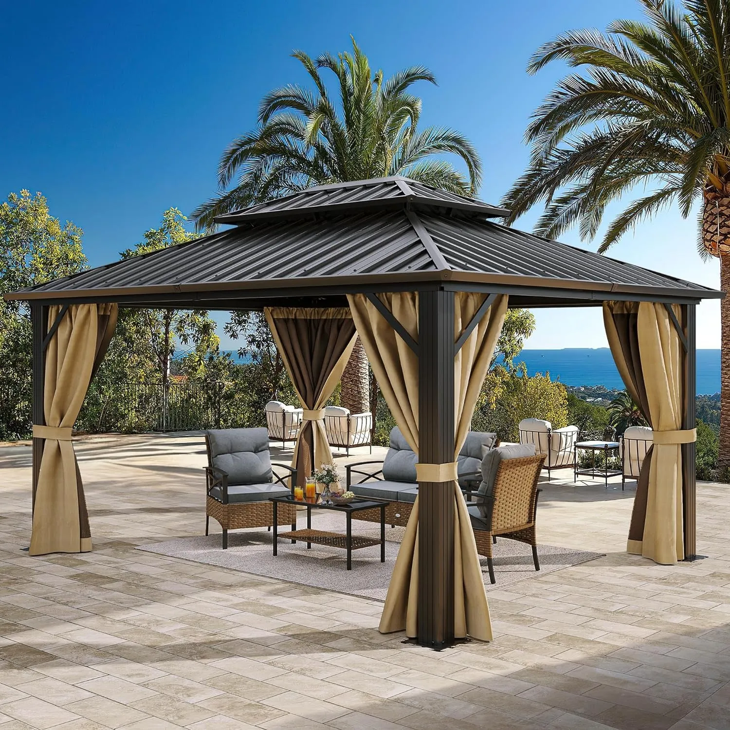 10X12Ft Gazebo Double Roof Canopy with Netting and Curtains, Outdoor Gazebo 2-Tier Hardtop Galvanized Iron Aluminum Frame Garden Tent for Patio, Backyard, Deck and Lawns