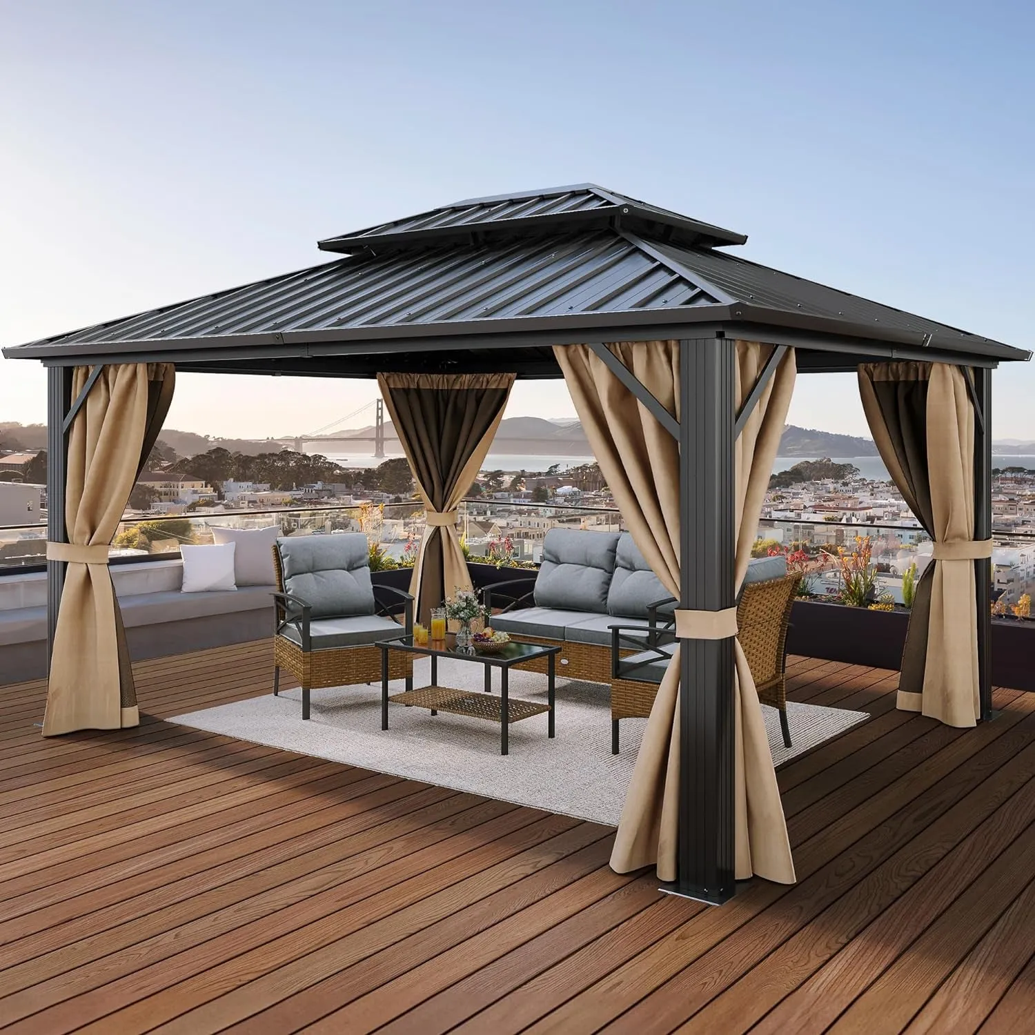 10X12Ft Gazebo Double Roof Canopy with Netting and Curtains, Outdoor Gazebo 2-Tier Hardtop Galvanized Iron Aluminum Frame Garden Tent for Patio, Backyard, Deck and Lawns