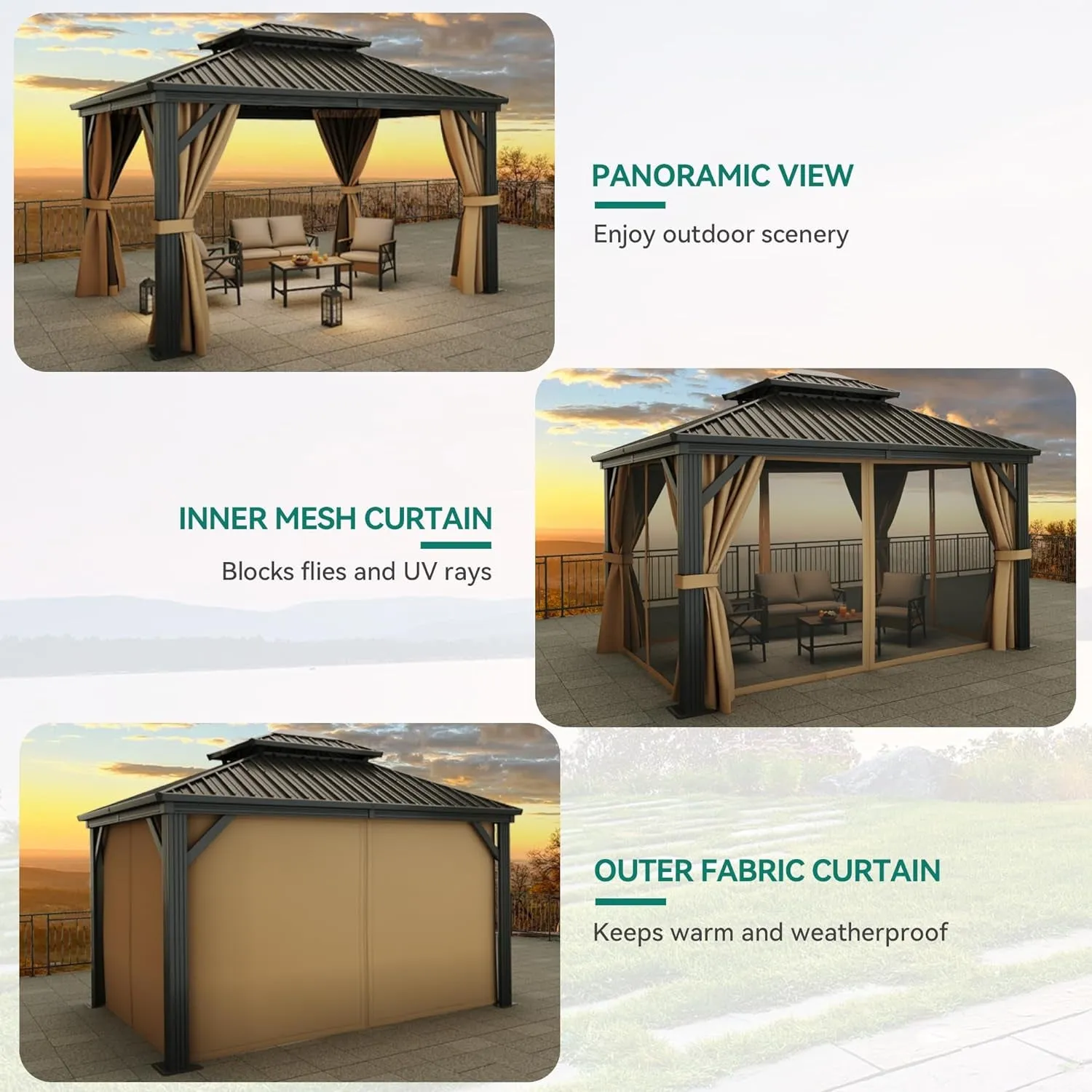 10X12Ft Gazebo Double Roof Canopy with Netting and Curtains, Outdoor Gazebo 2-Tier Hardtop Galvanized Iron Aluminum Frame Garden Tent for Patio, Backyard, Deck and Lawns