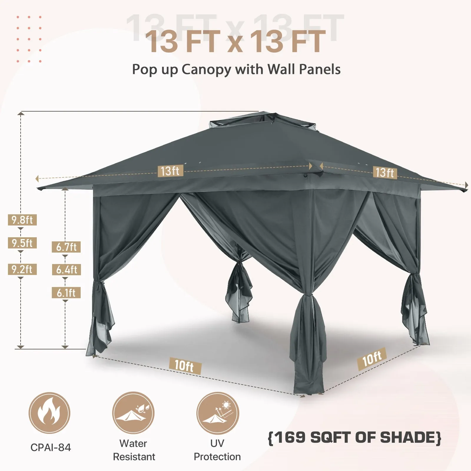 13x13 Pop Up Gazebo with 4 Wall Panels