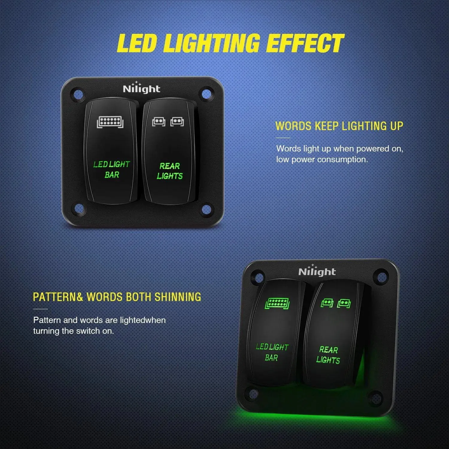 2Gang Led Light Bar and Rear Lights 5Pin ON/Off Rocker Switch Panel Green