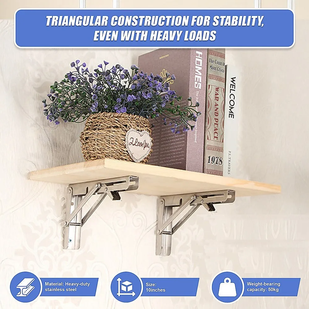 2x 10" Stainless Steel Folding Table Bracket Shelf | 50kg Load | Heavy Duty