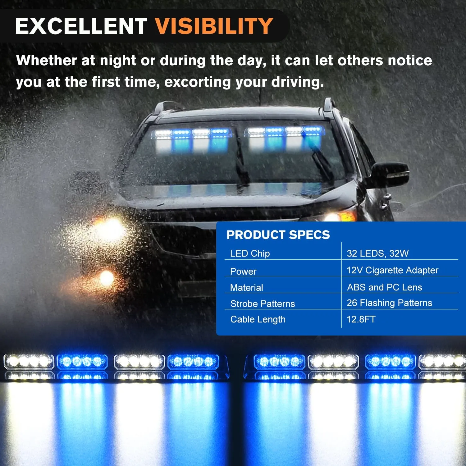 32LED Blue White Emergency Dash Strobe Lights with Controller Suction Cups