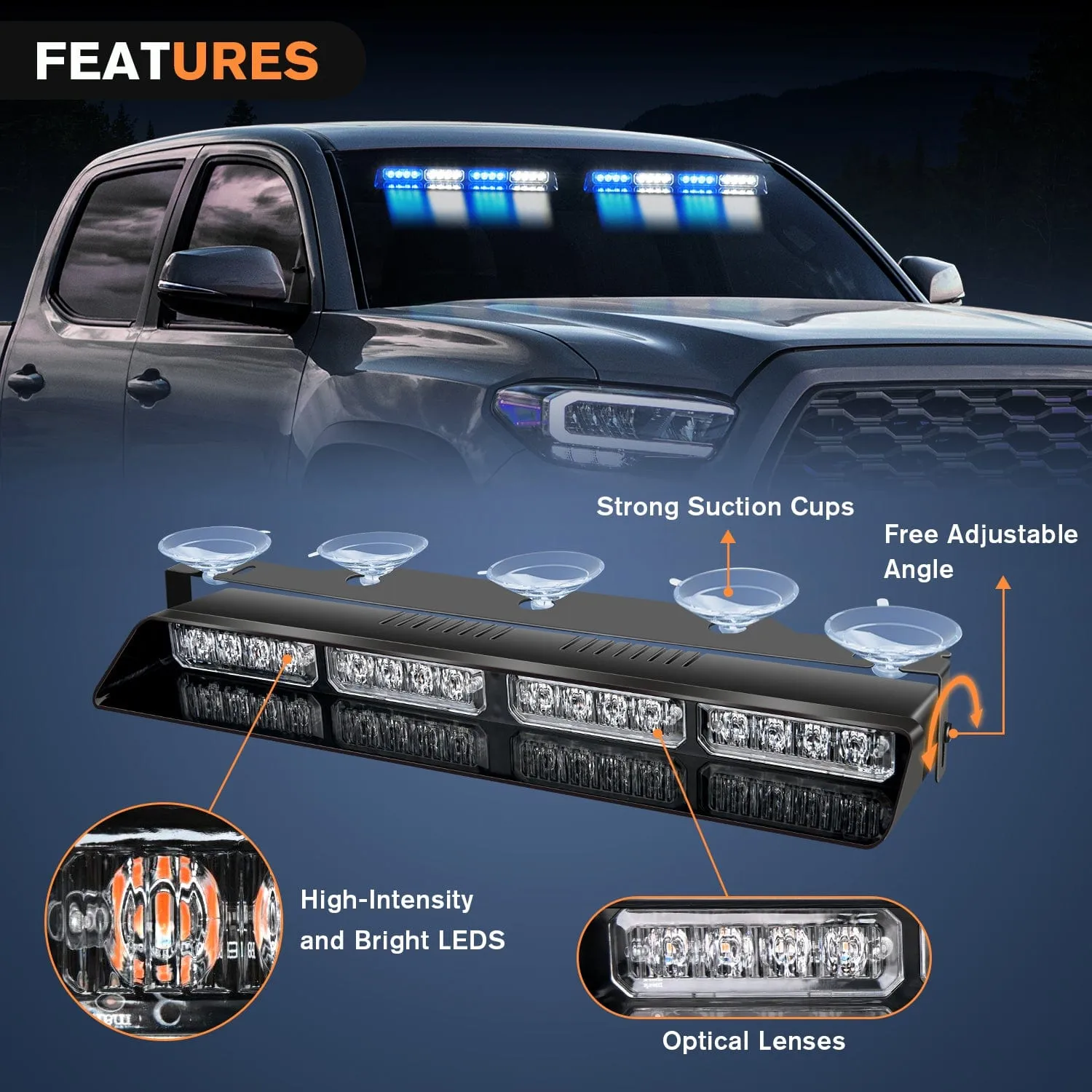 32LED Blue White Emergency Dash Strobe Lights with Controller Suction Cups