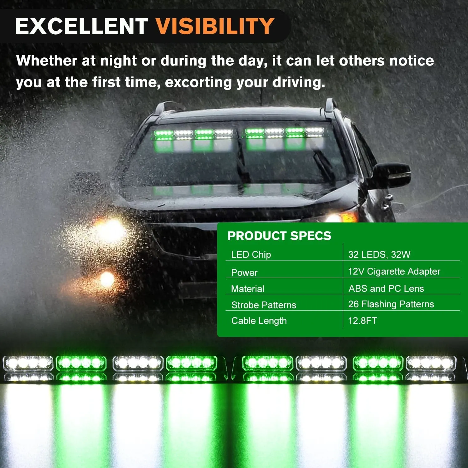 32LED Green White Emergency Dash Strobe Lights with Controller Suction Cups