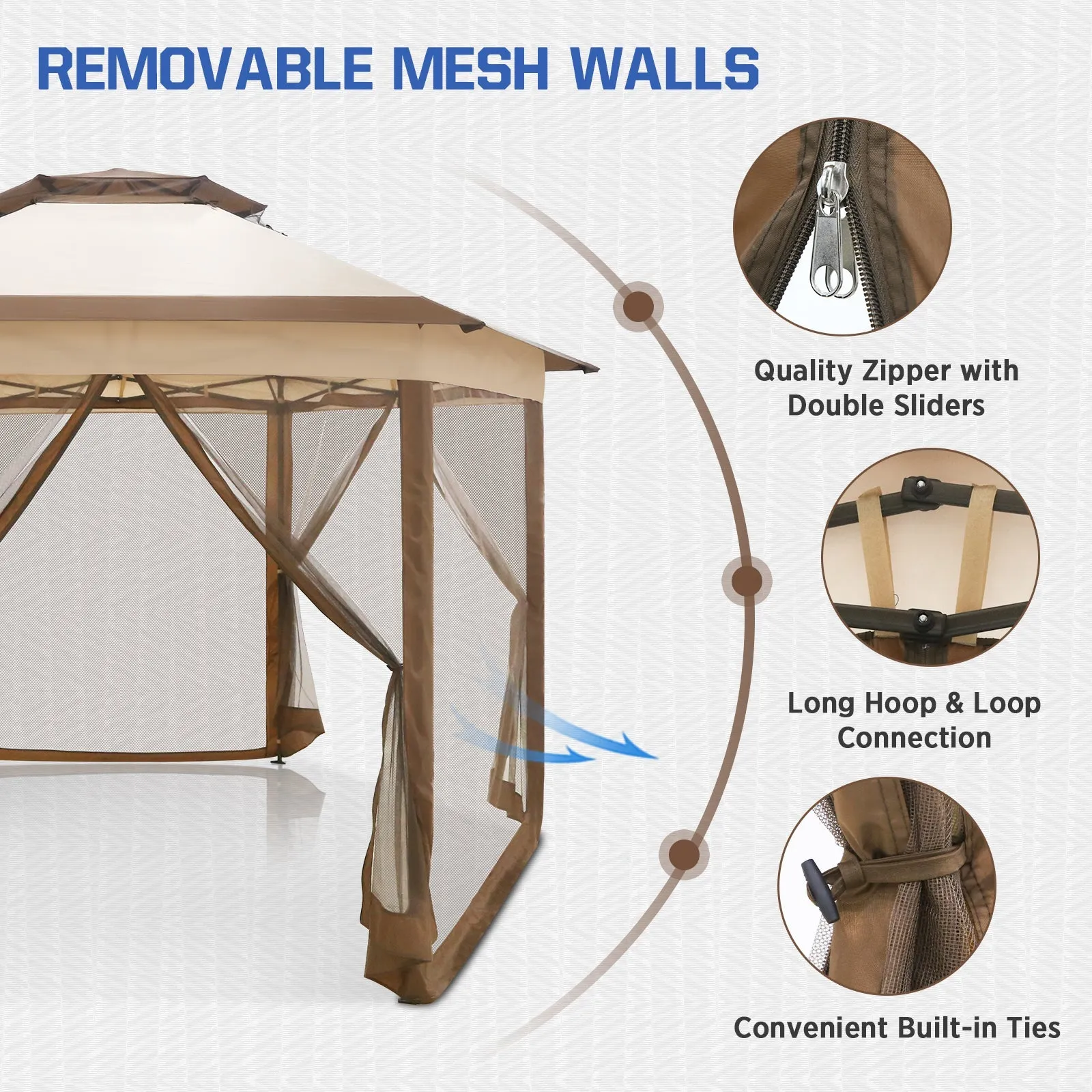 6-Sided Pop Up Gazebo w/Mosquito Netting, 13x13 Double-Tier Hexagonal Outdoor Canopy Tent