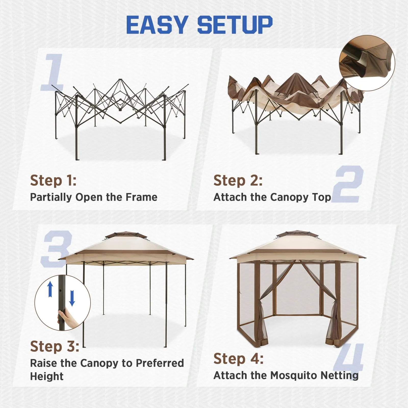 6-Sided Pop Up Gazebo w/Mosquito Netting, 13x13 Double-Tier Hexagonal Outdoor Canopy Tent