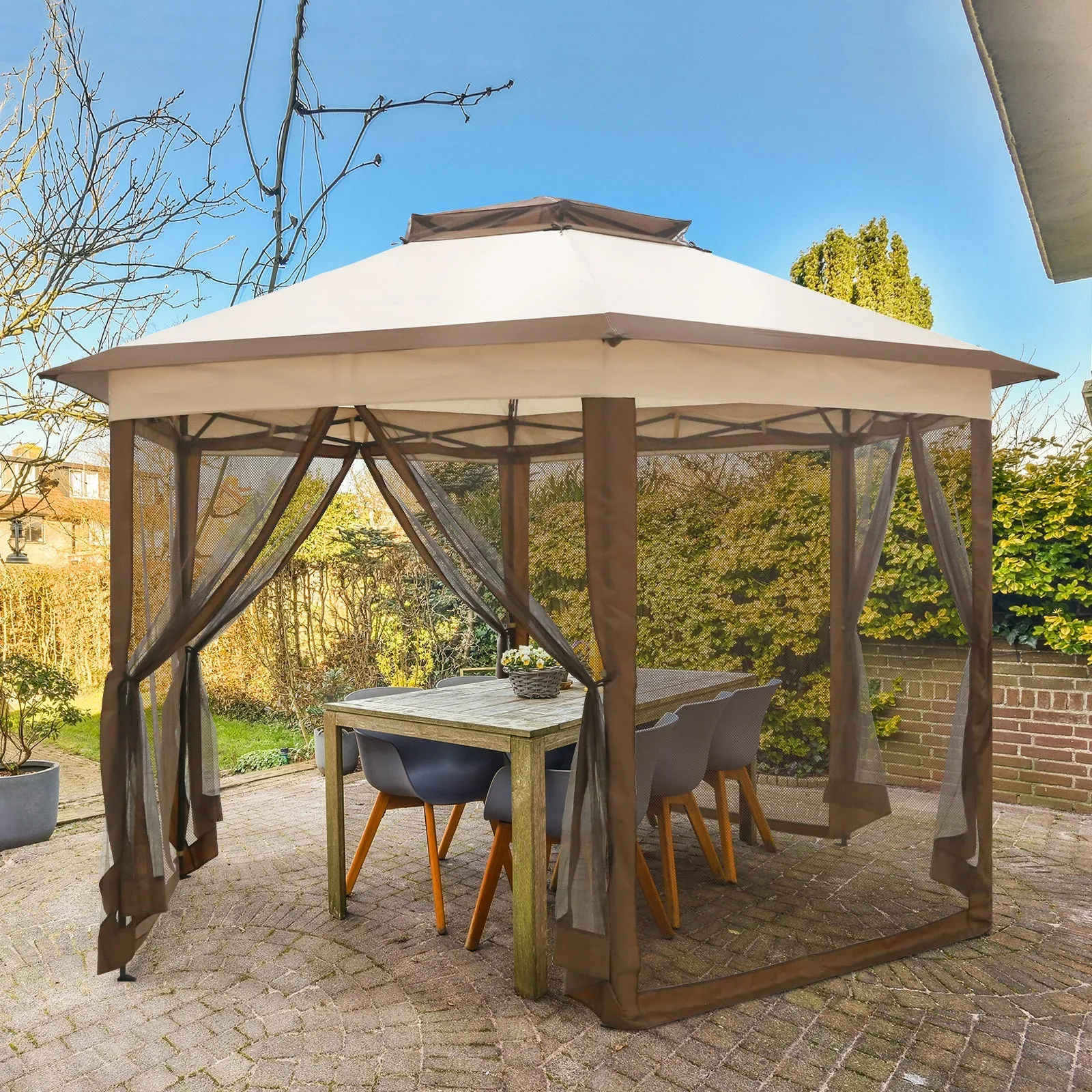 6-Sided Pop Up Gazebo w/Mosquito Netting, 13x13 Double-Tier Hexagonal Outdoor Canopy Tent