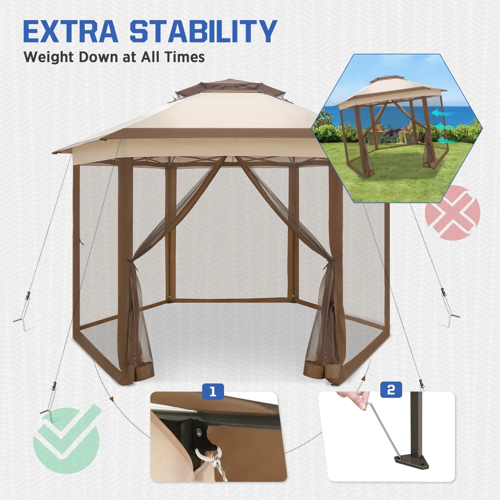 6-Sided Pop Up Gazebo w/Mosquito Netting, 13x13 Double-Tier Hexagonal Outdoor Canopy Tent