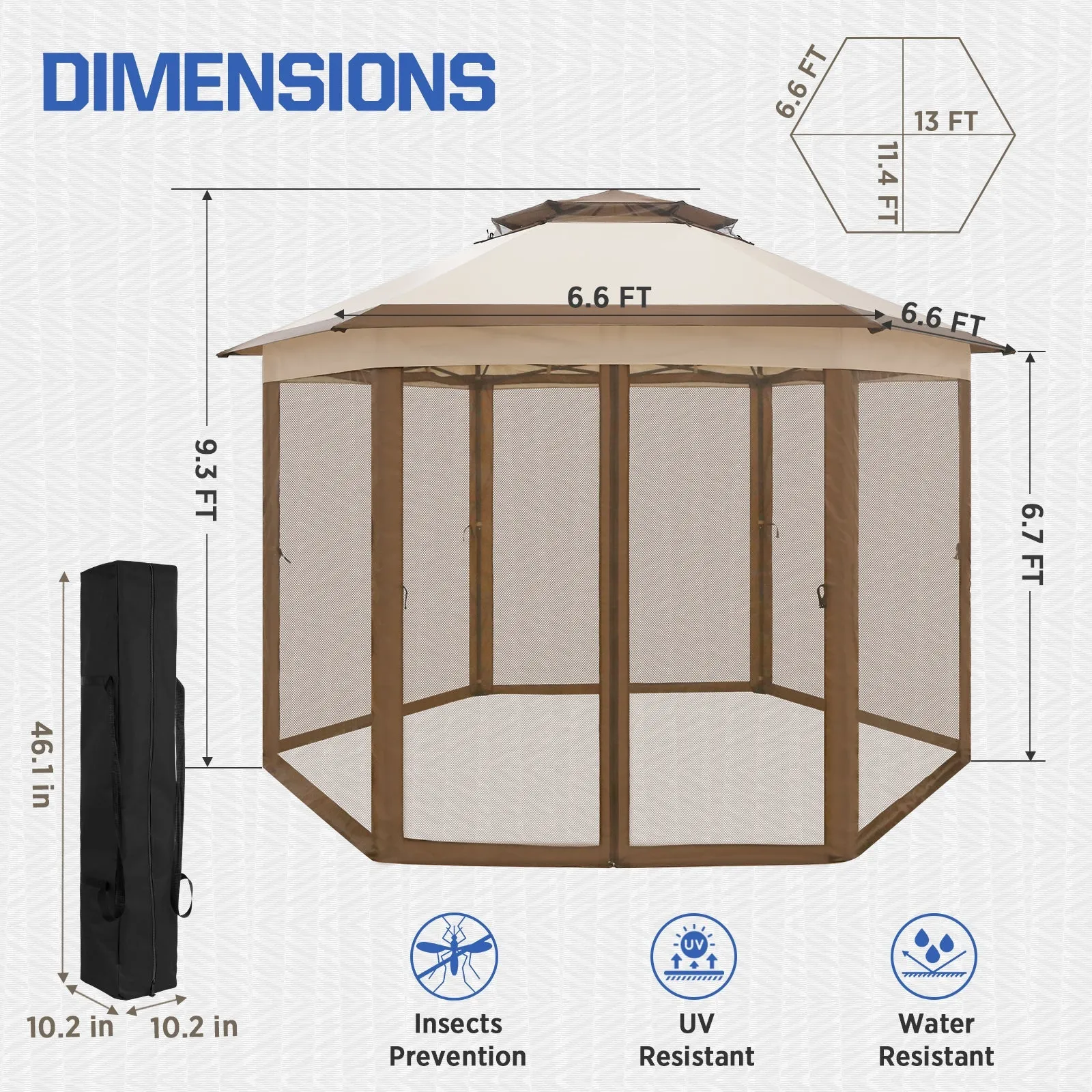 6-Sided Pop Up Gazebo w/Mosquito Netting, 13x13 Double-Tier Hexagonal Outdoor Canopy Tent