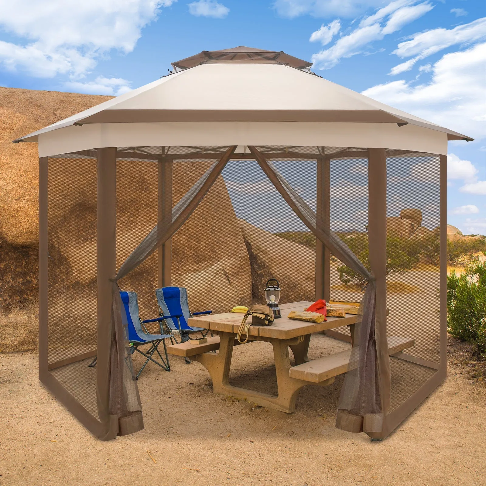 6-Sided Pop Up Gazebo w/Mosquito Netting, 13x13 Double-Tier Hexagonal Outdoor Canopy Tent