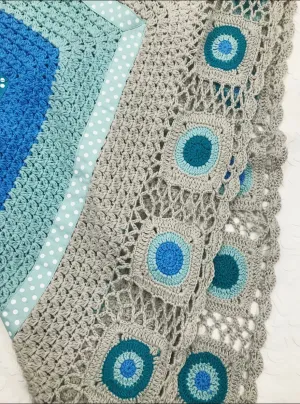 Aqua and Grey Hand Crocheted Blanket