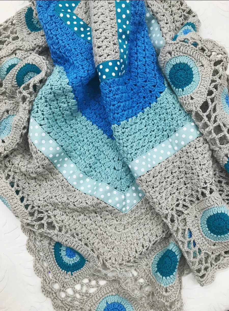 Aqua and Grey Hand Crocheted Blanket