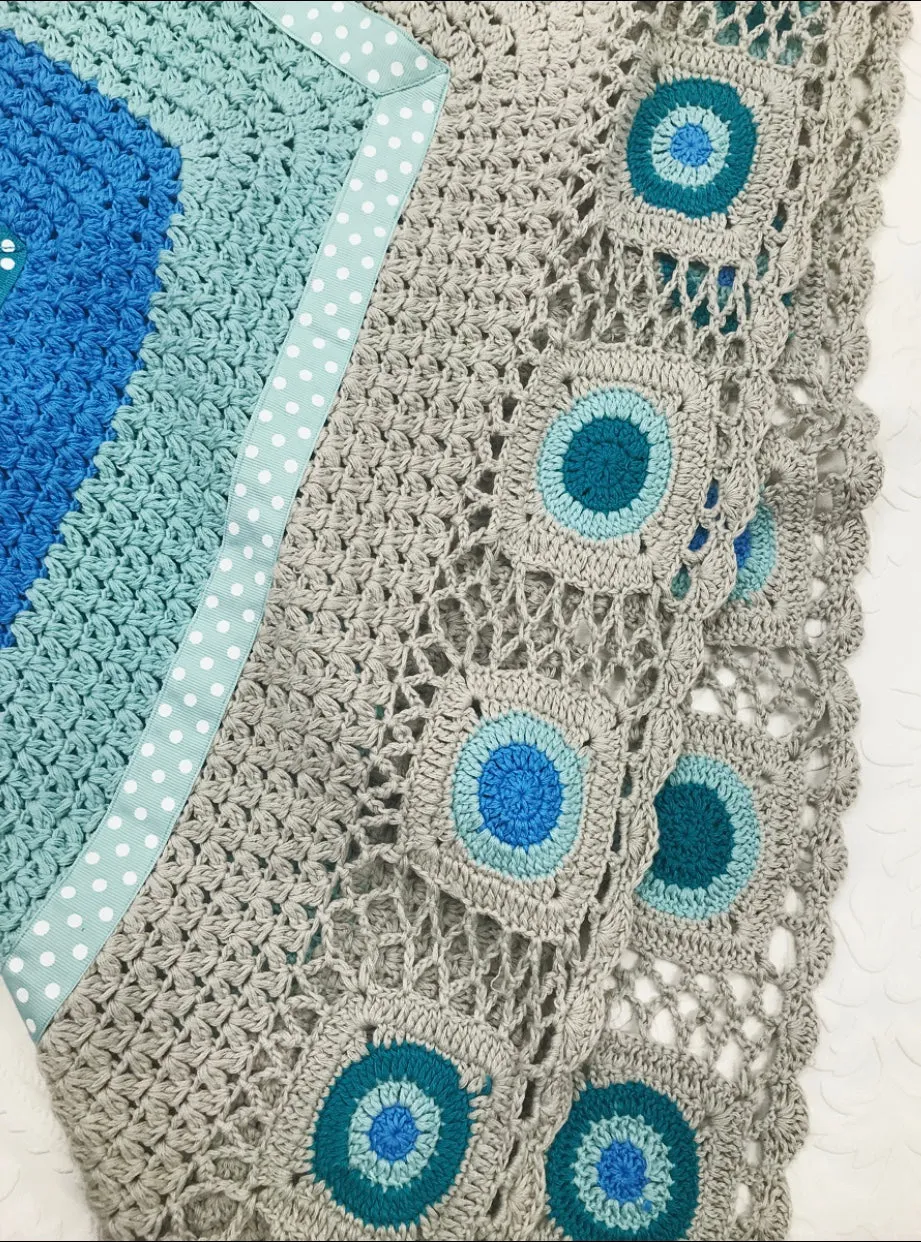 Aqua and Grey Hand Crocheted Blanket