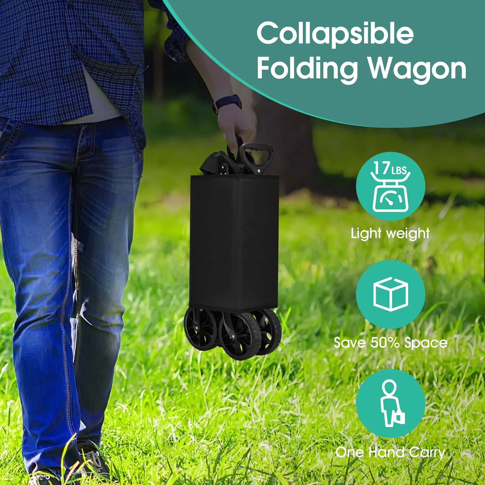 Homgava Collapsible Folding Wagon Heavy Duty,Foldable Utility Cart with Wheels,Large Capacity,for Grocery Outdoor Camping Beach Gardening Shopping Fishing Black