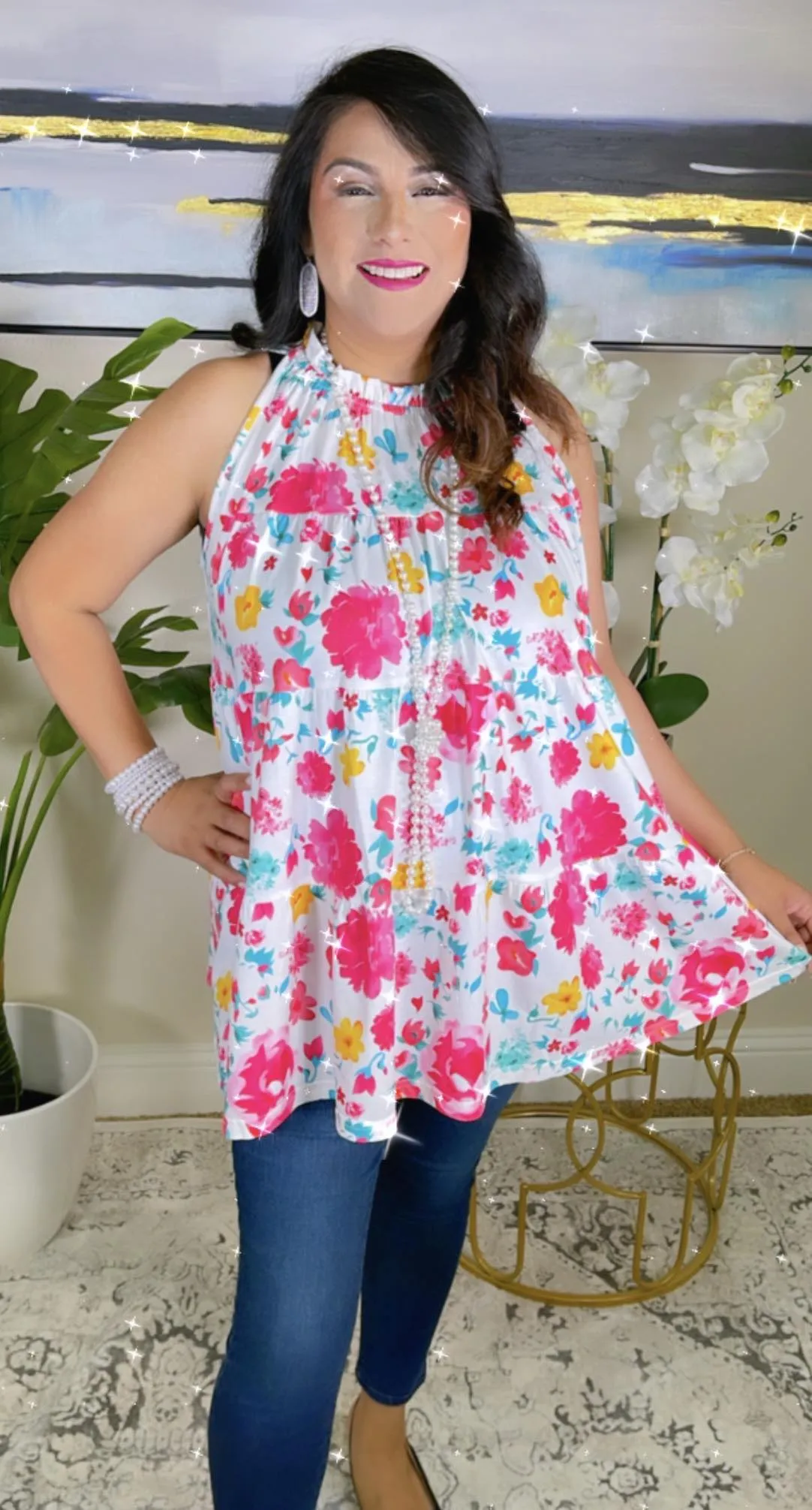 L, XL, 2X, 3X Pink Floral White Sleeveless baby doll top