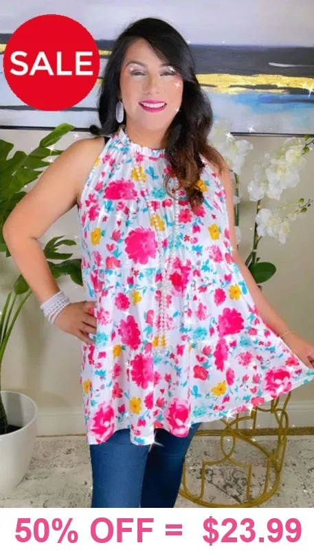 L, XL, 2X, 3X Pink Floral White Sleeveless baby doll top