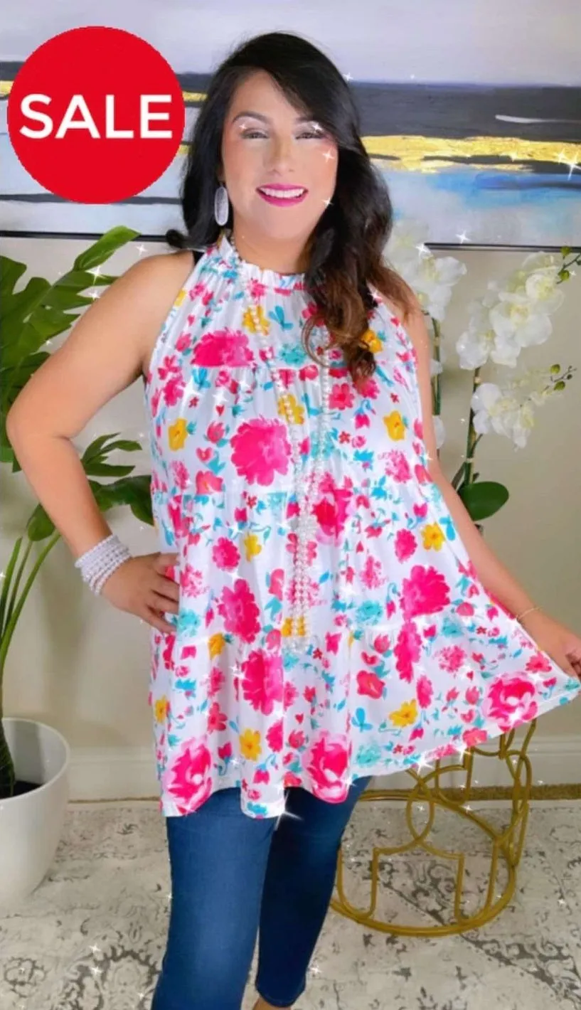 L, XL, 2X, 3X Pink Floral White Sleeveless baby doll top