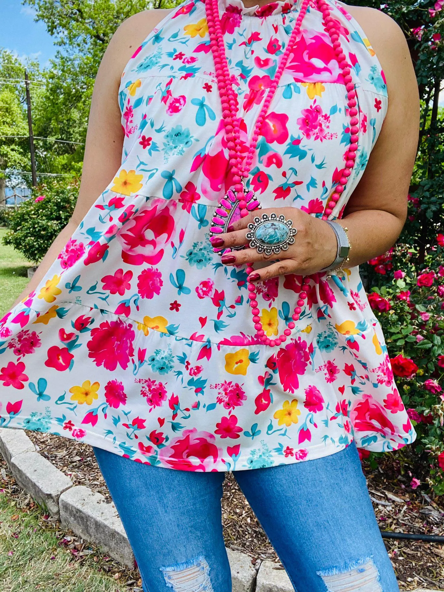 L, XL, 2X, 3X Pink Floral White Sleeveless baby doll top