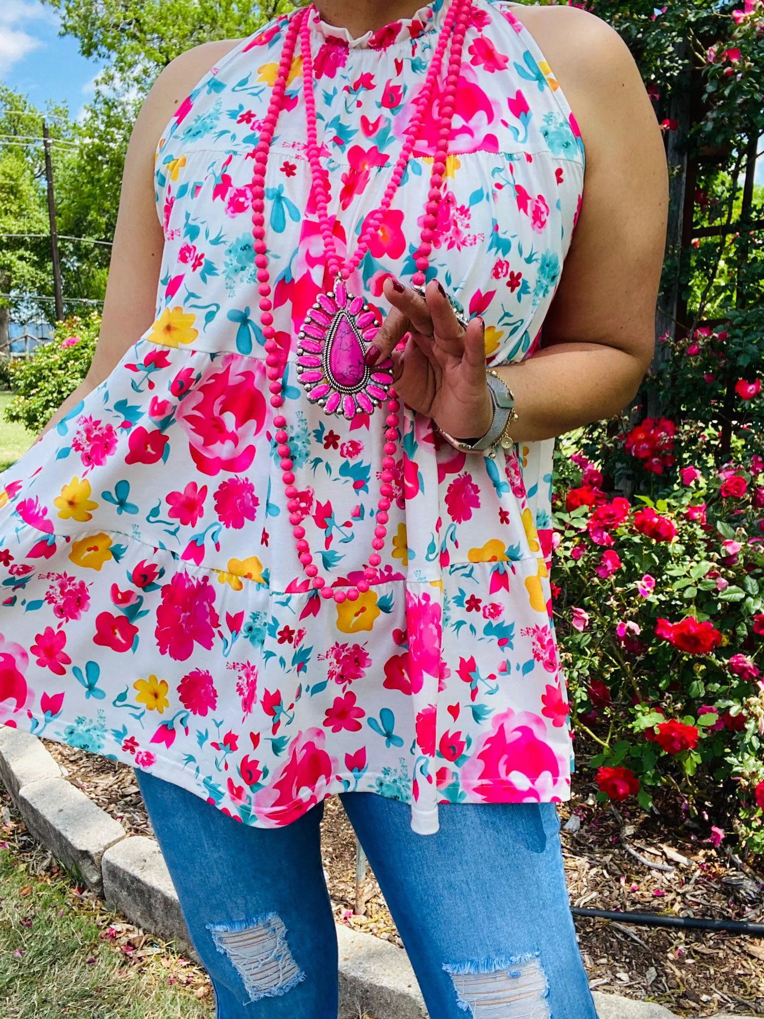 L, XL, 2X, 3X Pink Floral White Sleeveless baby doll top