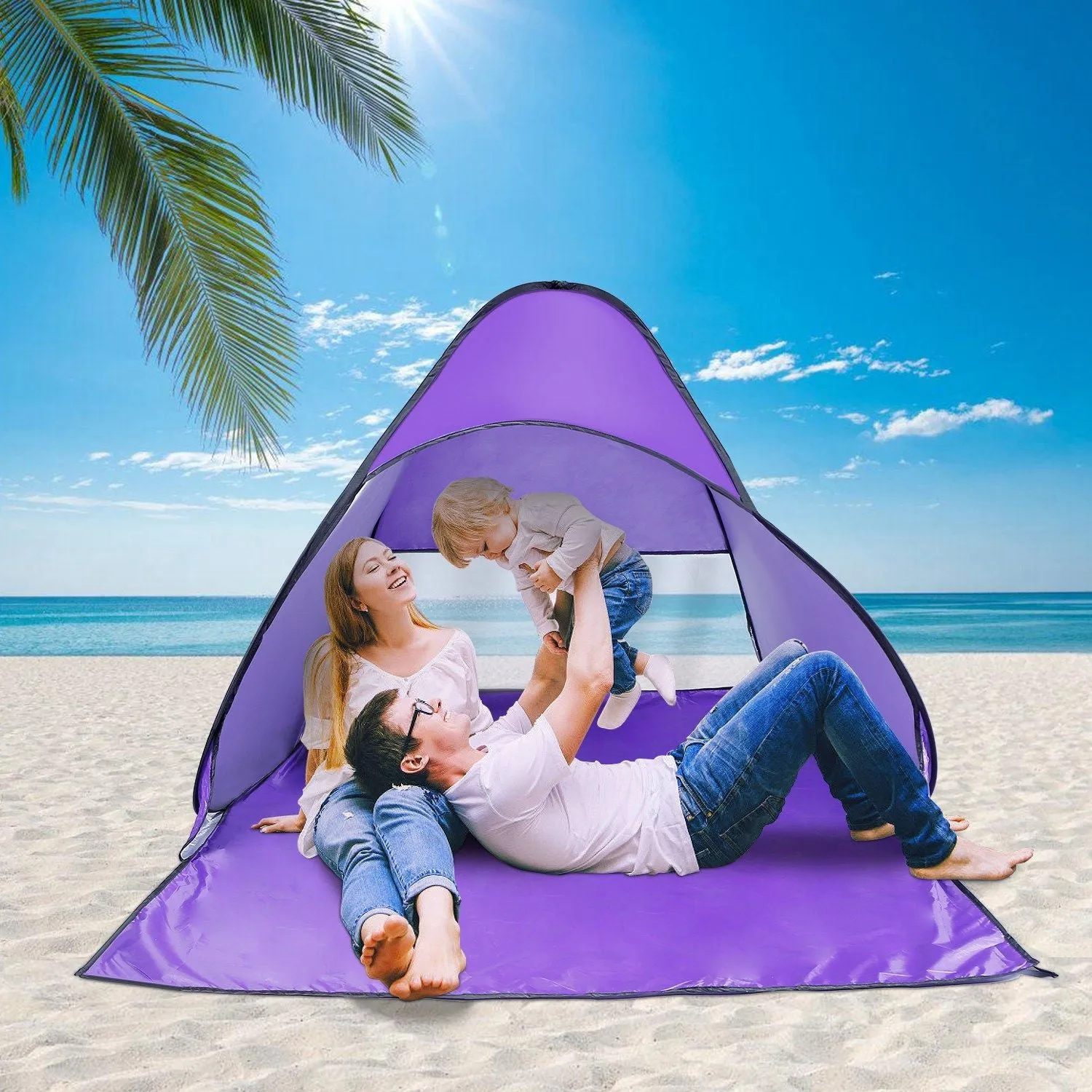 Pop Up Beach Tent Shade Shelter Anti-UV Automatic Pop Up Waterproof Tent Canopy for 2/3 Man with Net Window Storage Bag