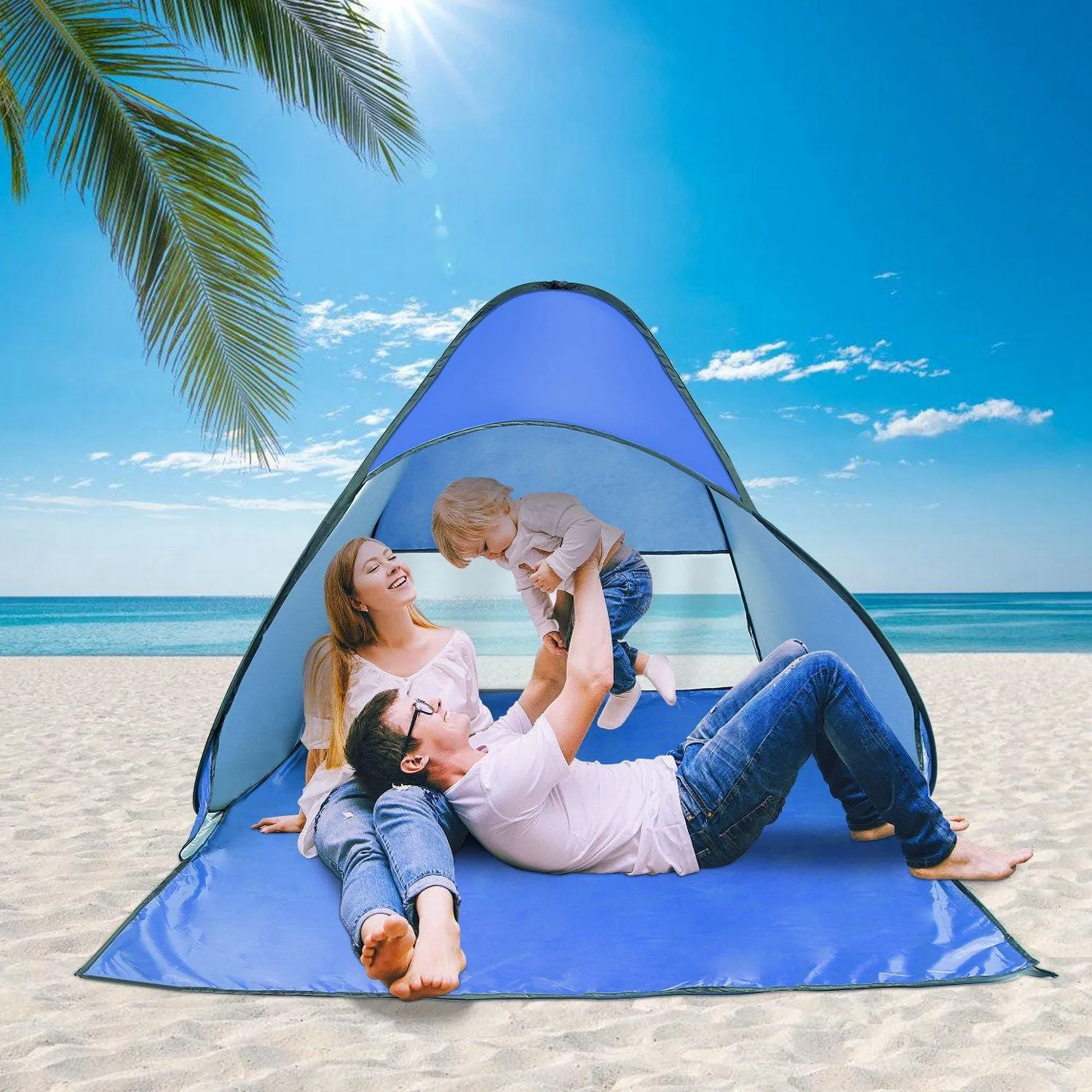 Pop Up Beach Tent Shade Shelter Anti-UV Automatic Pop Up Waterproof Tent Canopy for 2/3 Man with Net Window Storage Bag