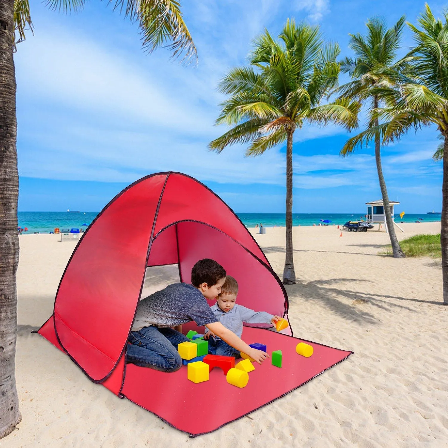Pop Up Beach Tent Shade Shelter Anti-UV Automatic Pop Up Waterproof Tent Canopy for 2/3 Man with Net Window Storage Bag