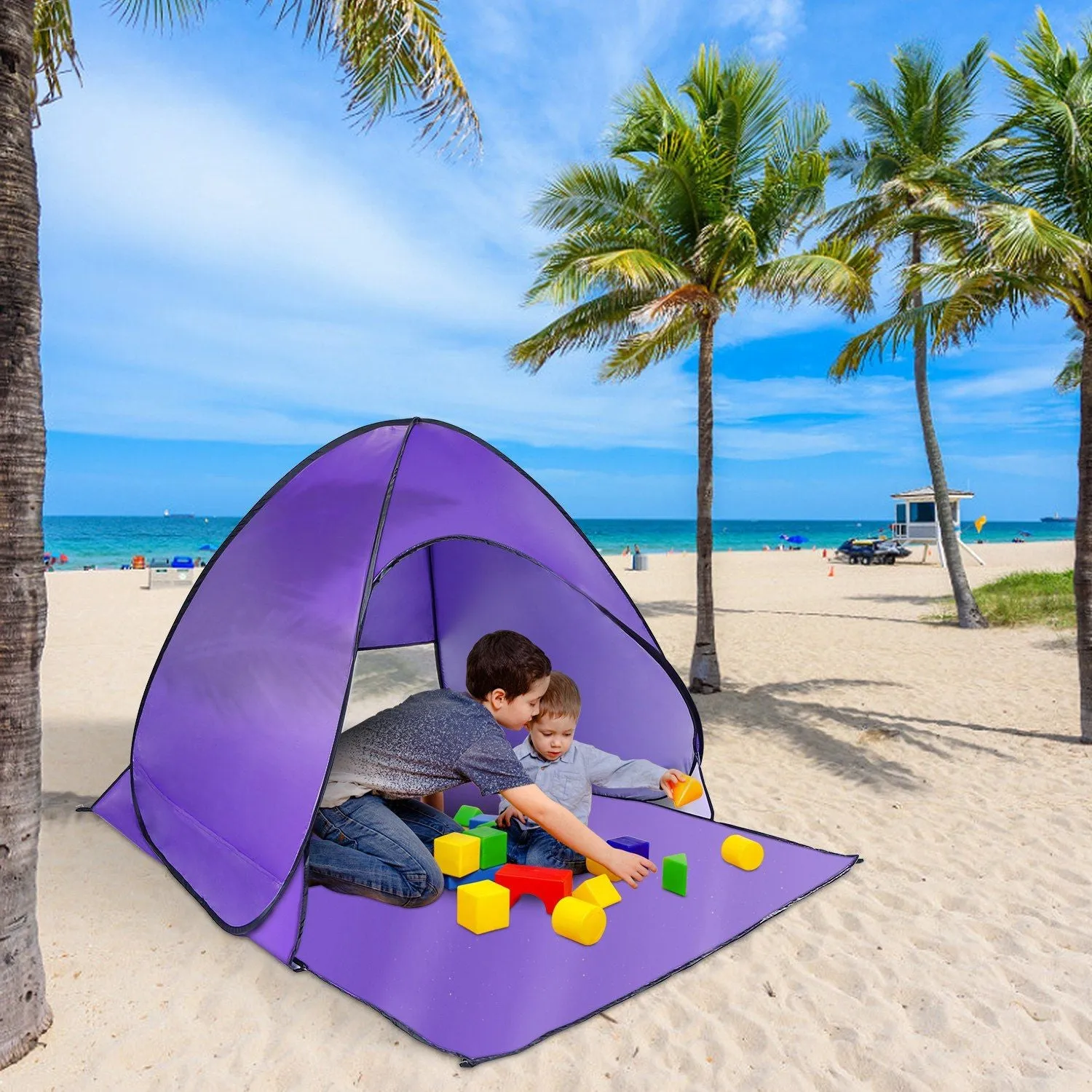 Pop Up Beach Tent Shade Shelter Anti-UV Automatic Pop Up Waterproof Tent Canopy for 2/3 Man with Net Window Storage Bag