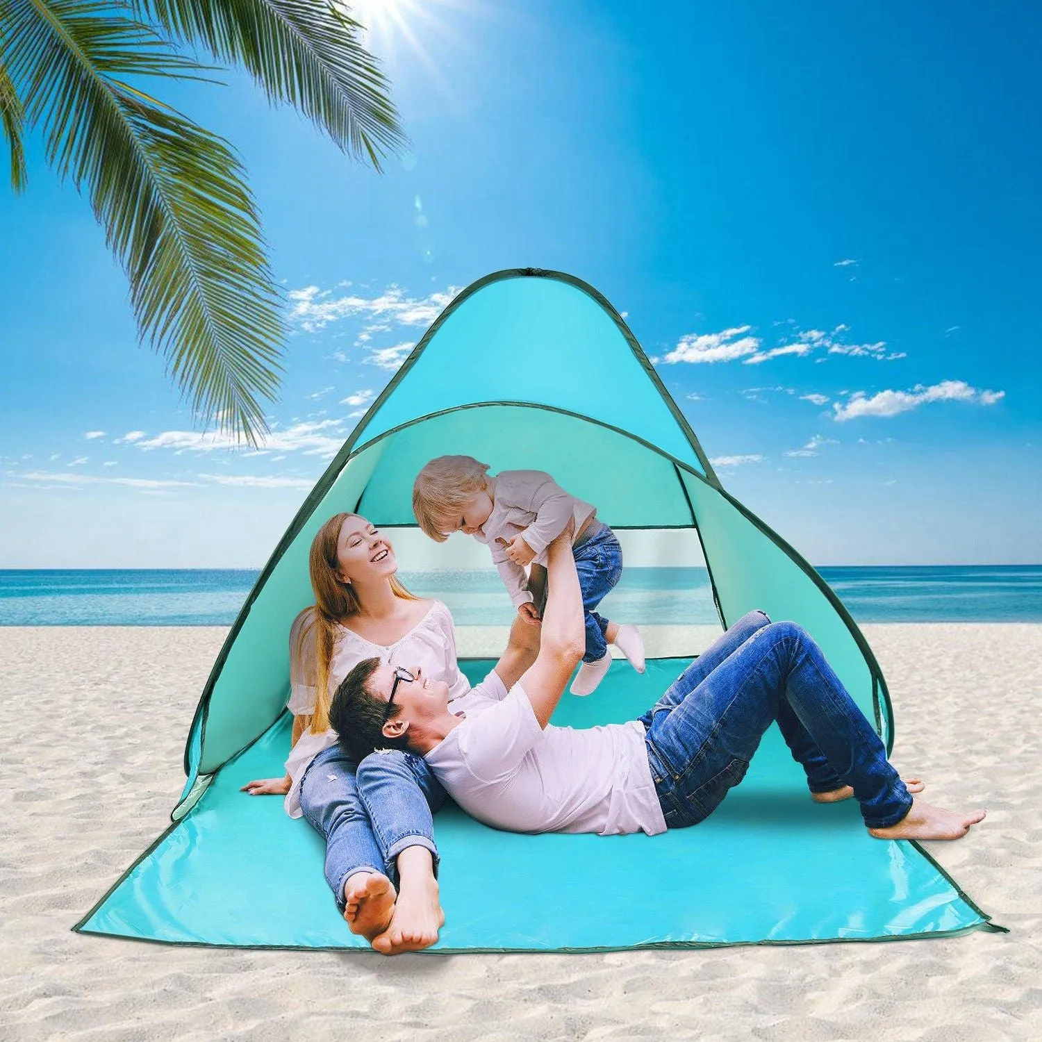 Pop Up Beach Tent Shade Shelter Anti-UV Automatic Pop Up Waterproof Tent Canopy for 2/3 Man with Net Window Storage Bag