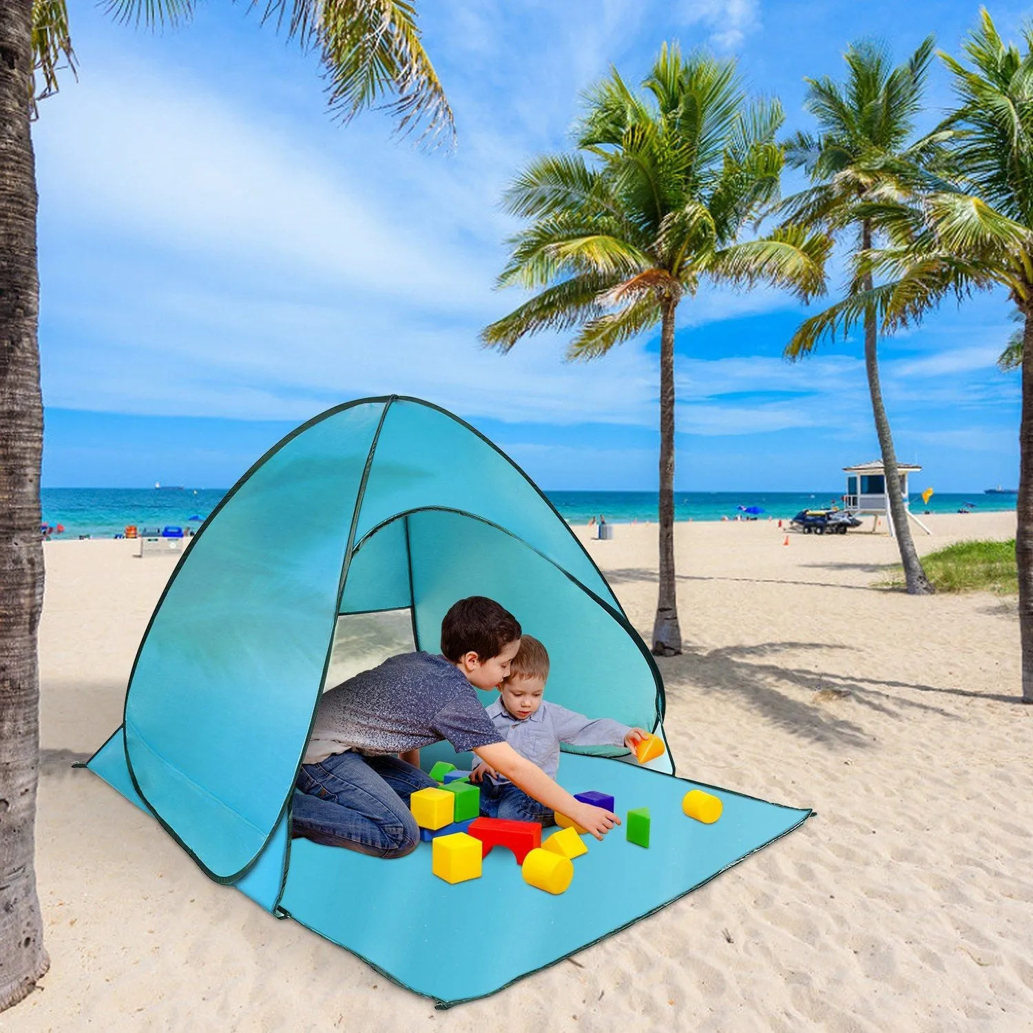 Pop Up Beach Tent Shade Shelter Anti-UV Automatic Pop Up Waterproof Tent Canopy for 2/3 Man with Net Window Storage Bag