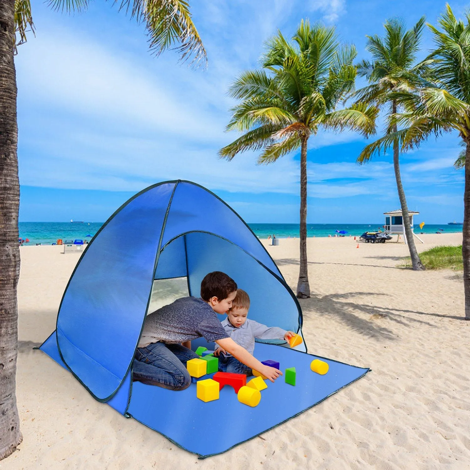 Pop Up Beach Tent Shade Shelter Anti-UV Automatic Pop Up Waterproof Tent Canopy for 2/3 Man with Net Window Storage Bag