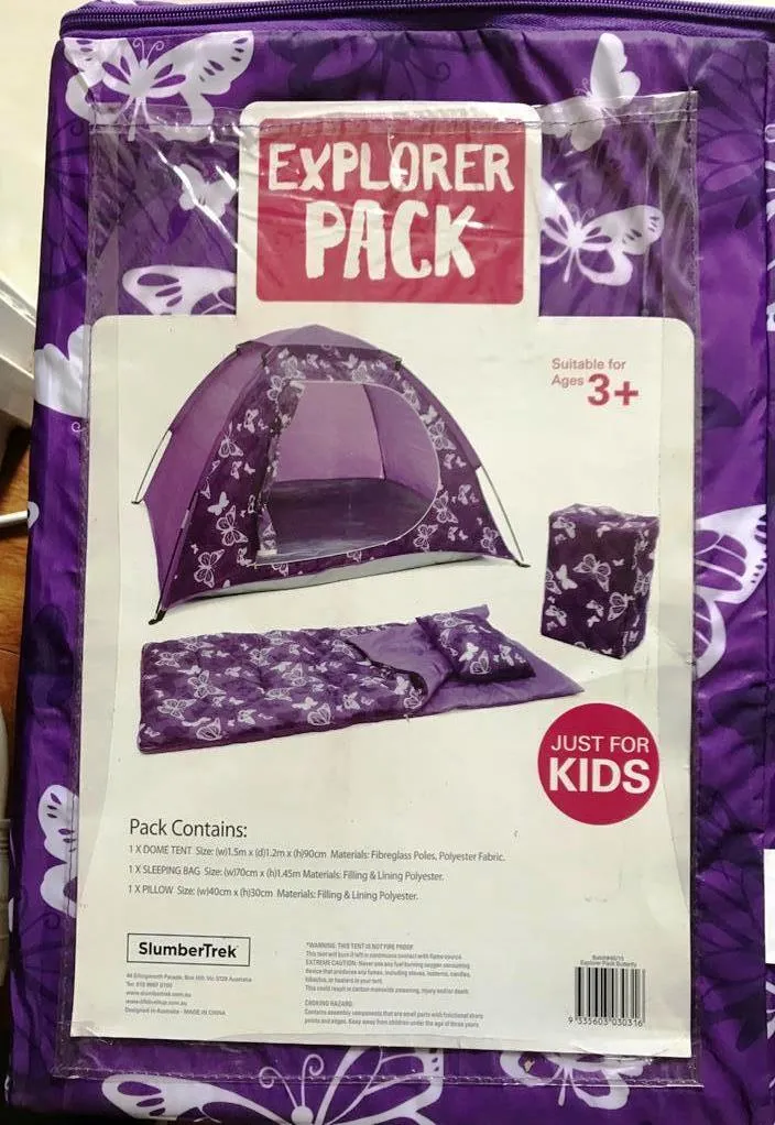 SlumberTrek Explorer Travel Kit/ Camping Pack for 3  Kids- Purple/Blue